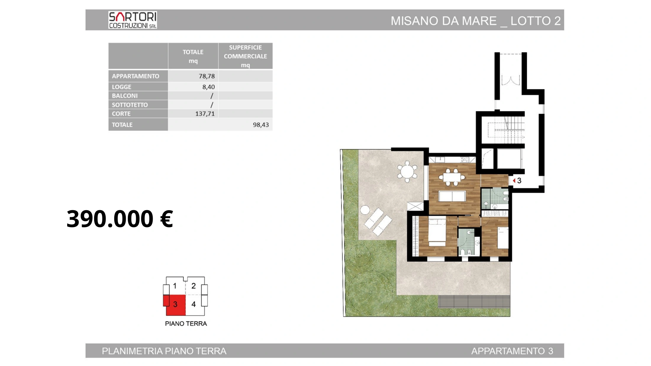 Lotto 2, appartamento 3: planimetria e prezzo 390.000 euro