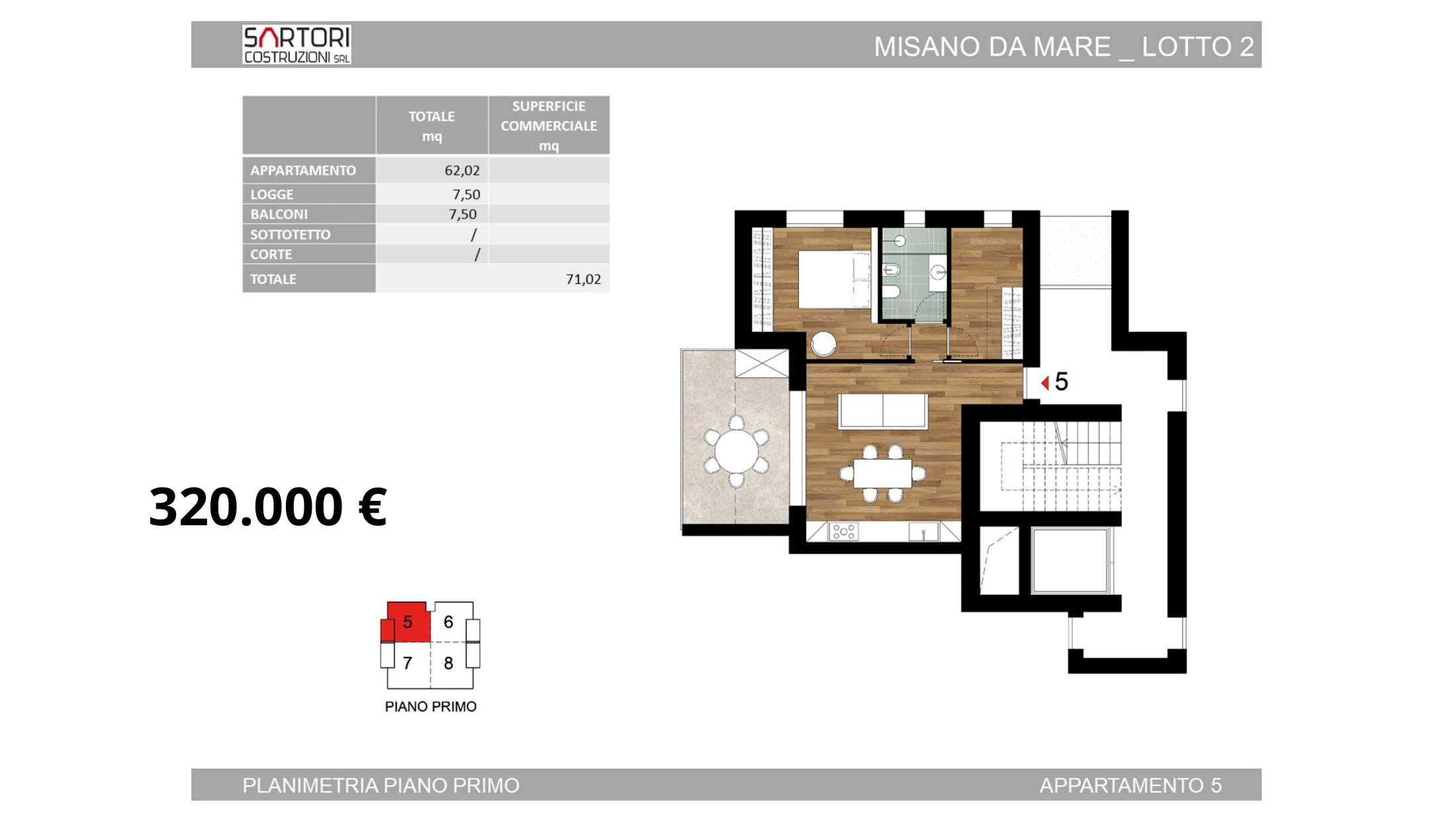Lotto 2, appartamento 5: planimetria e prezzo 320.000 euro