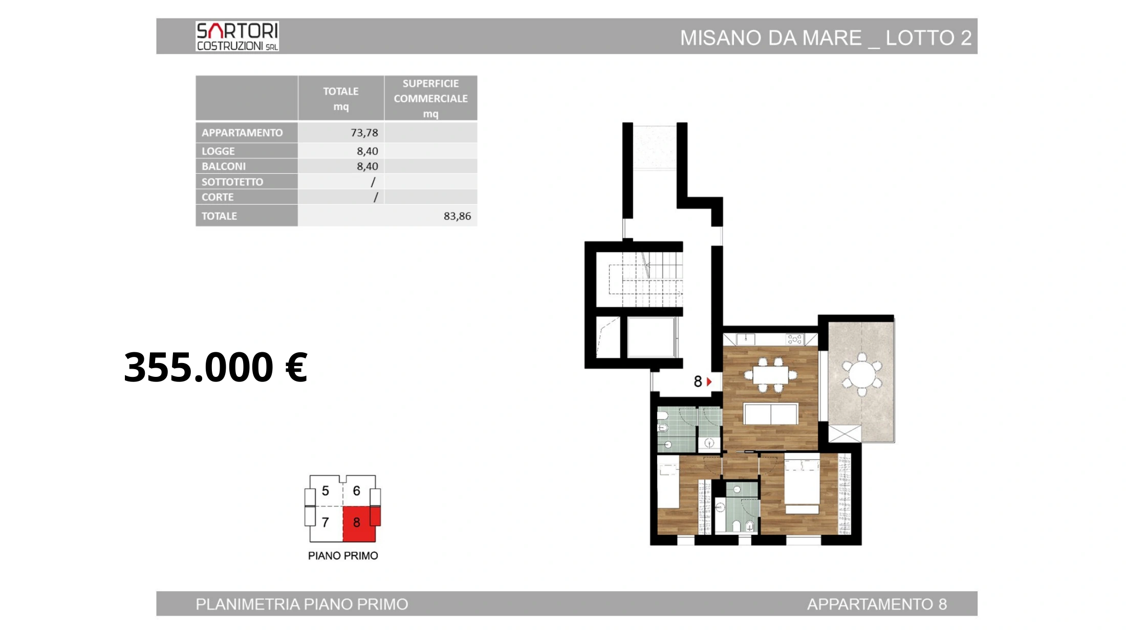 Lotto 2, appartamento 8: planimetria e prezzo 355.000 euro
