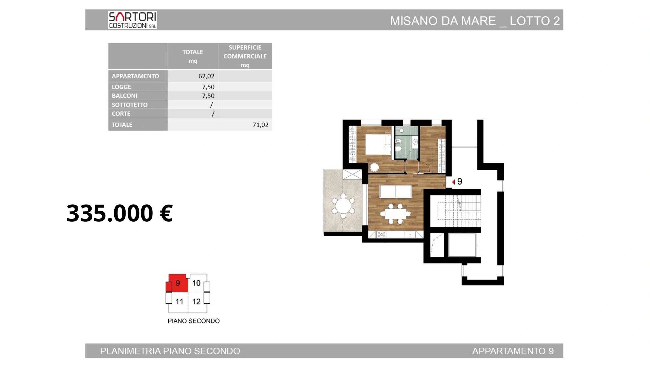 Lotto 2, appartamento 9: planimetria e prezzo 335.000 euro