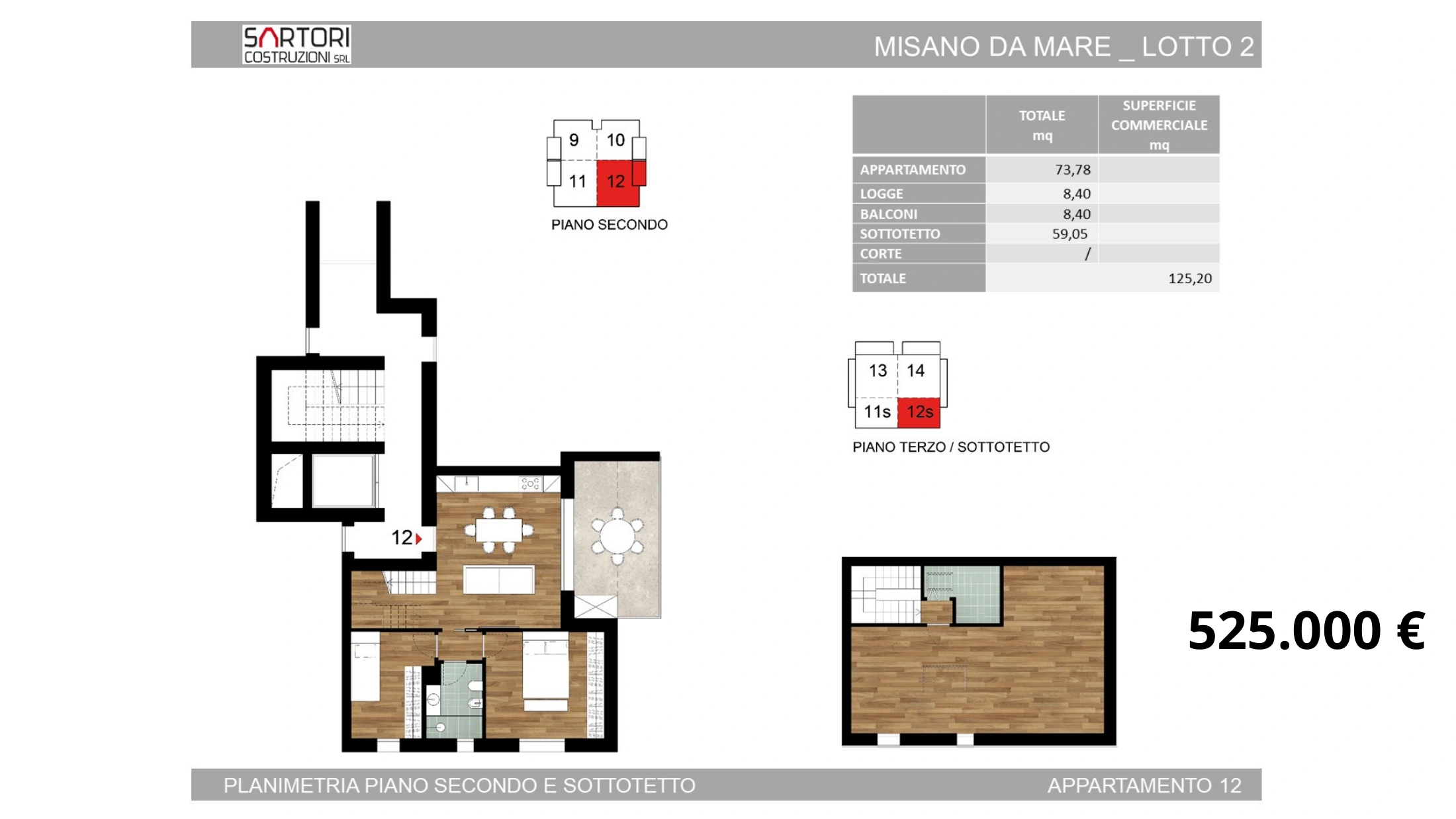 Lotto 2, appartamento 12: planimetria e prezzo 525.000 euro